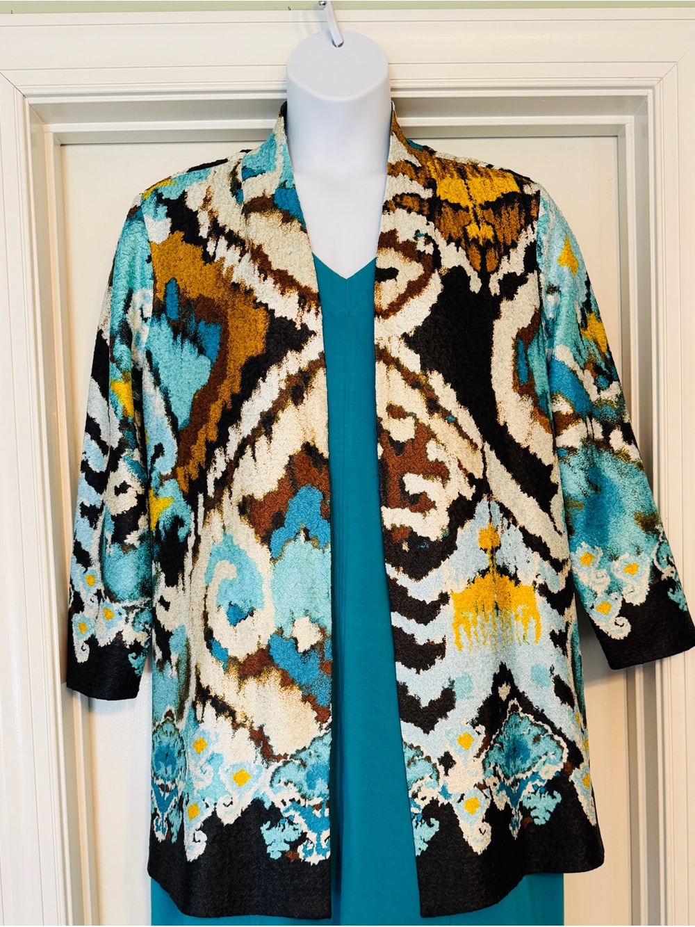 Chico's Teal, Turquoise, Black & Brown Open-Front Patterned Blazer